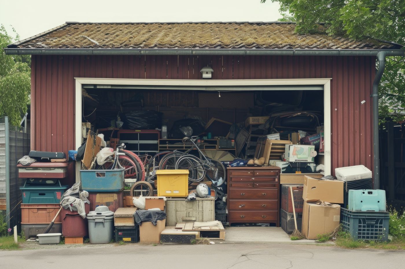 Cluttered garage before cleanout